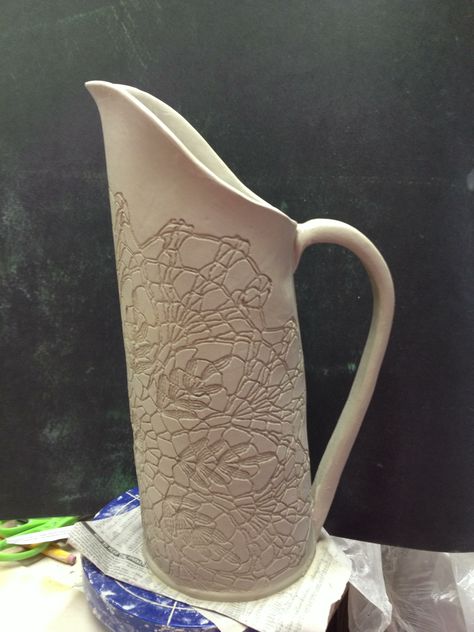 Hand built pitcher in progress. Hand Built Pitcher, Textured Pottery, Pottery Kitchen, Class Inspiration, Clay Classes, Ceramics Inspiration, Tea Pitcher, Cerámica Ideas, Pottery Handbuilding