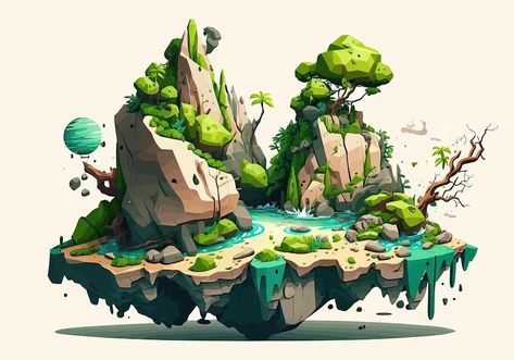 Premium Vector | Stylized illustration of a beautiful island floating in the air stonesrocks birds generative ai survival jungle flat land in the ocean design holidays creative concept vector illustration