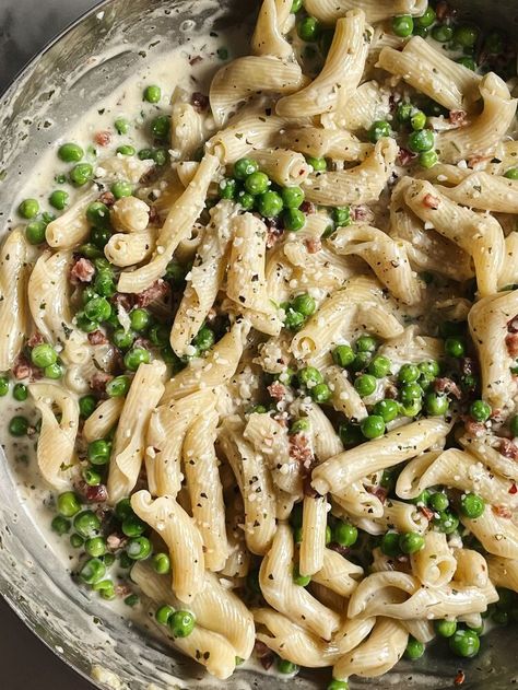 Peas And Pancetta Pasta, January Chalkboard, Peas Pancetta, Pecorino Pasta, Pea Pasta, Pancetta Recipes, Crispy Pancetta, Pancetta Pasta, Pasta With Peas