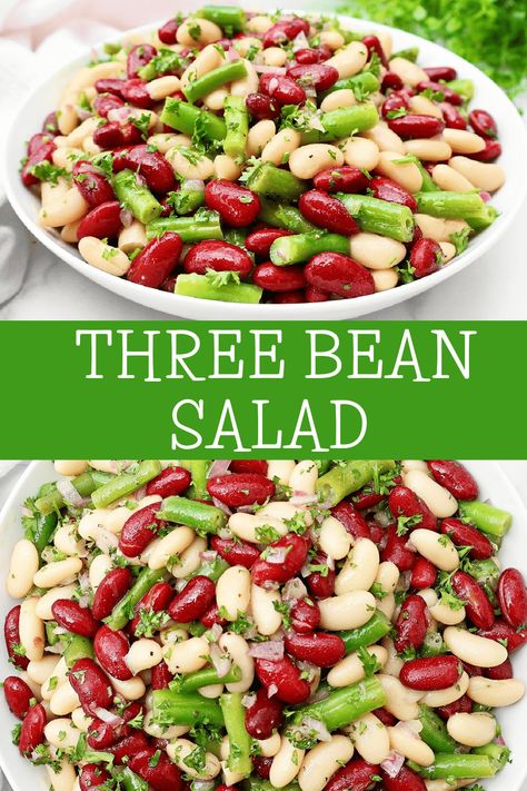 Three Bean Salad ~ A vibrant and refreshing blend of colorful beans tossed in a tangy dressing. A summer favorite!  via @thiswifecooks Wfpb Salad, Homemade Salad Dressing Recipes, Hearty Salad Recipes, Snap Pea Salad, Heart Healthy Meals, Make A Salad, Clean Eating Salads, Three Bean Salad, Vegan Summer Recipes