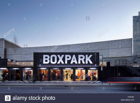 BOXPARK pop-up mall in Shoreditch London 2012, design by We Like Today Stock Photo Boxpark London, Shipping Container Business, Urban Plaza, Pop Up Retail, Container Business, Container Shops, Box Park, Converted Shipping Containers, Shipping Container Conversions