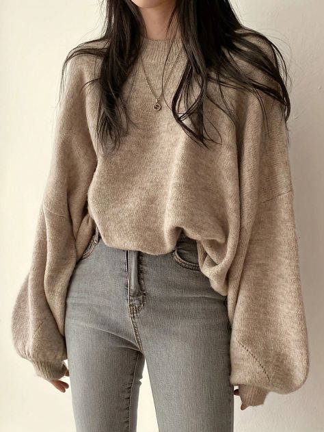 Khaki Casual Collar Long Sleeve Knitwear Plain Pullovers Embellished Slight Stretch Spring/Fall Women Clothing Large Knit Sweater Outfits, Oversized Sweaters For Women, Cute Oversized Outfits, Casual Oversized Outfits, Cute Work Outfit, Oversize Clothes, Shein Clothes, Outfits Con Jeans, Casual College Outfits