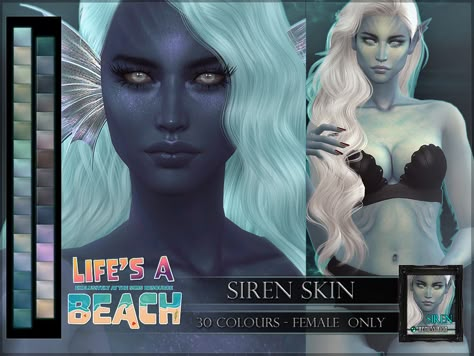 The Sims Resource - Life's a Beach - Siren Skin Mermaid Eyes, Female Sims, Mermaid Skin, Hair Doctor, Sims 4 Game Mods, Sims 4 Cc Skin, Sims 4 Expansions, The Sims 4 Download, Green Shades