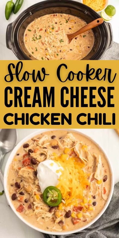 Crock Pot Meals For Cold Weather, Cream Cheese Chili Crock Pot, Crock Pot Meals With Cream Cheese, Best Crockpot Chicken Chili, Chicken Queso Chili, 3 Hour Crockpot Recipes Chicken, Easy And Cheap Crockpot Recipes, White Chicken Chilli With Cream Cheese, Slow Cooker Cream Cheese Chicken Chili My Incredible Recipes