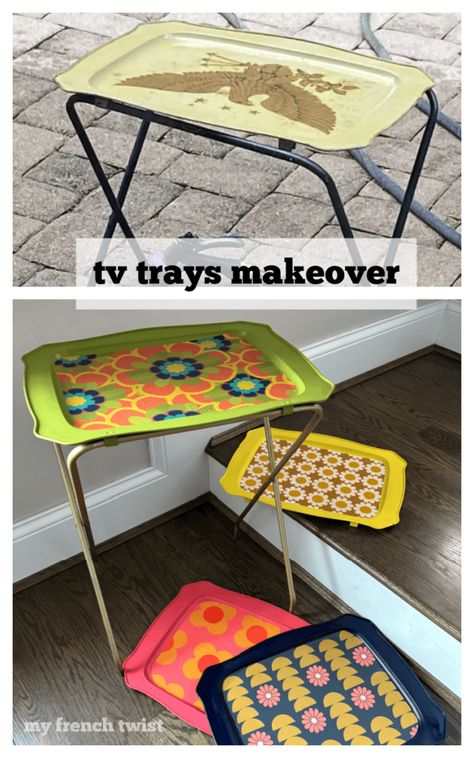 vintage tv trays makeover - My French Twist Vintage Tv Trays Makeover, Tv Tray Ideas, Rustic Tv Trays, Metal Tv Trays, Tv Tray Makeover, Bff Party, Vintage Tv Trays, Upcycle Crafts Diy, Tv Trays