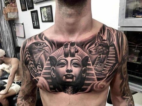 anubis and pharaoh tattoo on chest Chest Tattoo Egyptian, Pharaoh Tattoo, Full Chest Tattoos, Chest Tattoo Ideas, Anubis Tattoo, Egypt Tattoo, Bone Tattoos, Tattoo Inspiration Men, Cool Chest Tattoos