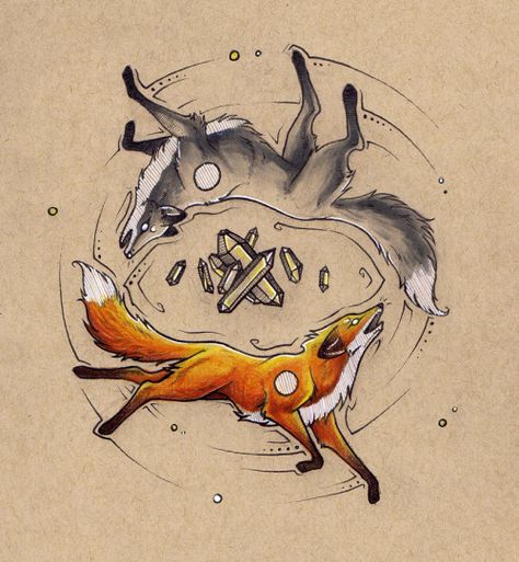 Lion And Fox Tattoo, Twin Fox Tattoo, Matching Fox Tattoos, Silver Fox Tattoo, Fox And Wolf Tattoo, Tiny Dog Tattoo, Fox X Wolf, Fox Tattoo Ideas, Circle Sketch