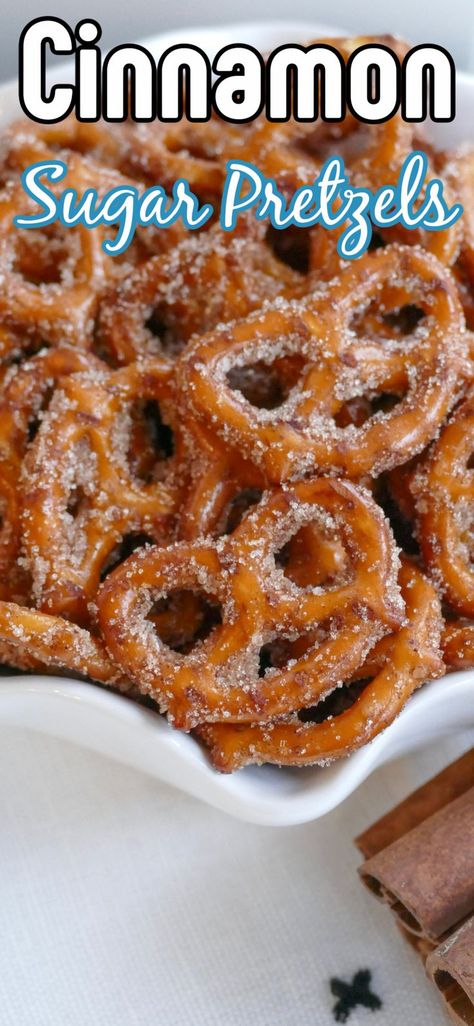 These addictive easy four ingredient baked cinnamon sugar pretzels are the perfect sweet and salty snack! Great for parties, holidays or movie night at home. Cinnamon Sugar Pretzels Recipe, Cinnamon Pretzels, Seasoned Pretzels, Cinnamon Sugar Pretzels, Pretzel Snacks, Frugal Mom, Pretzels Recipe, Snack Mix Recipes, Snack Dip