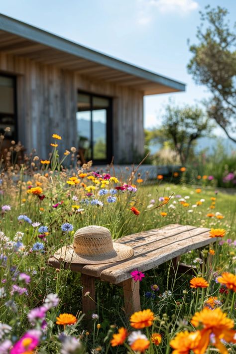 Wildflower Backyard, Wildflower Garden Ideas, Hippie Garden Ideas, Colorful Backyard, Wildflower Cottage, Hippie Garden, Wallpaper 2024, Wild Garden, Picnic Bench