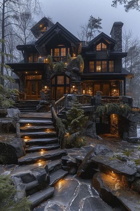 Dark House Exterior In The Woods, Design Patio Ideas, Backyard Patio Lights, Aesthetic Patio, Patio Aesthetic, Fairytale Houses, Morden House, Mountain Dream Homes, Patio Decorations