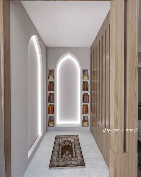 Prayer Room Design Muslim, Arabic Interior Design, Islamic Interior Design, Muslim Prayer Room Ideas, Prayer Room Ideas, Temporary Architecture, Prayer Corner, Pavilion Design, Free House Plans