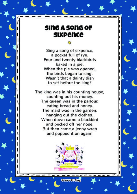 Nursery Rhyme Sing a Song of Sixpence. Kids will love this fun sing along rhyme! Free lyrics and music on our website #lovetosing#nurseryrhymes #freelyrics #freemusic Nursery Songs Lyrics, Kids Nursery Rhymes Songs, Rhymes For Toddlers, Nursery Rhymes Toddlers, Lullaby Lyrics, Lyrics Images, Old Nursery Rhymes, Rhymes Lyrics, Nursery Rhymes Lyrics