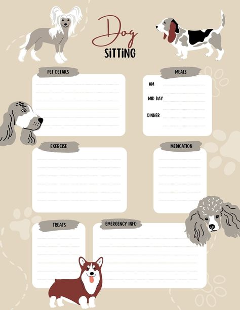 Dog Sitting Instructions - As a pet owner I know how stressful it is to leave your fur babies.  This form allows you to let the pet sitter know what  you want to convey.  As a pet sitter this form makes sure the owners can tell you everything they need to and its all in one place.  Once its filled out you have all the info you will need to make sure everyone has a good time while away. Pet Sitting Prices, Dog Sitting Flyers, Dog Sitter Instructions Template, Pet Sitting Flyer Ideas, Pet Sitting Flyer, Pet Sitting Forms, Babysitting Kit, Dog Sitting Business, Pet Care Printables