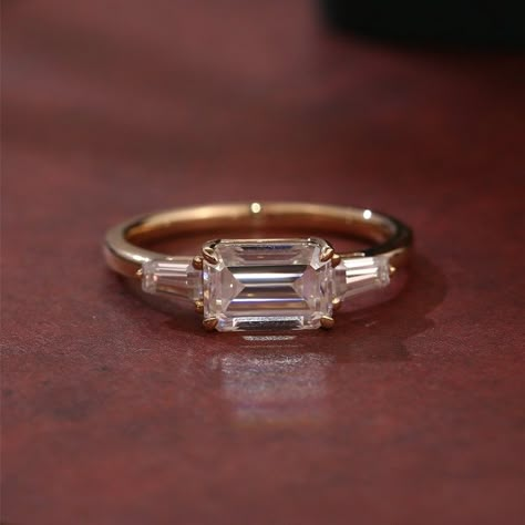 Midcentury Engagement Ring, Unique Modern Engagement Rings, Cool Girl Engagement Rings, Artsy Engagement Rings, Vintage Promise Ring, Gold Band Engagement Rings, Gold Ring Vintage, Emerald Cut Moissanite Engagement Ring, Promise Rings Vintage