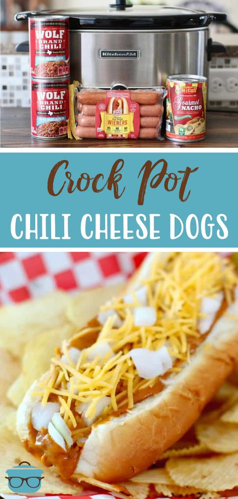 This recipe for Crock Pot Chili Cheese Dogs is so easy and delicious thanks to a mixture of store-bought chili, cheese sauce and hot dogs. Crock Pot Chili Cheese Dogs, Crock Pot Chili Dogs, Chili Dogs Crockpot, Crockpot Chili Hot Dogs, Crockpot Chili Cheese Dogs, Crockpot Chili Dogs Recipe, Crockpot Chili Dogs, Hot Dog Crock Pot, Hot Dogs In Crock Pot