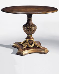 center table - Louis Phillip style round center #table with carved wood garland base, hand-painted medium brown finish and antique gold-leaf highlights Foyer Tables, Round Foyer Table, Wood Garland, Round Center Table, Center Table Living Room, Wood Carving Furniture, Classical Furniture, Foyer Table, Entry Tables