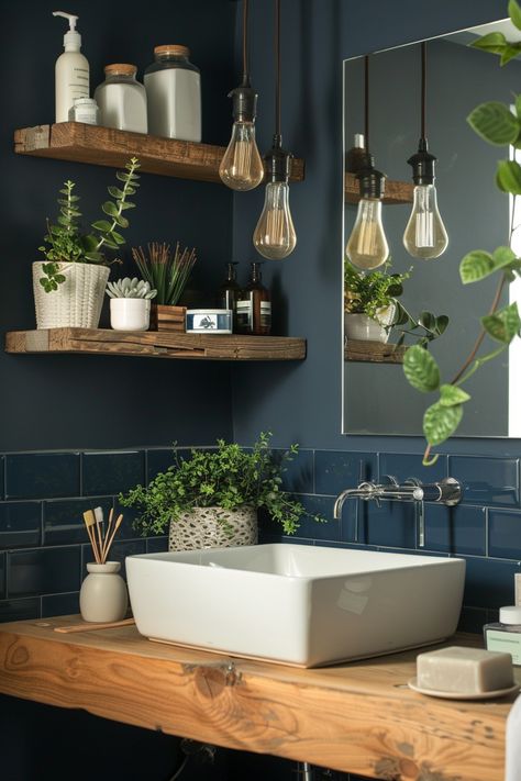 Navy Blue Bathroom Ideas, Blue Brown Bathroom, Navy Blue Houses, Blue Bathroom Ideas, Navy Blue Bathroom, Blue Green Bathrooms, Blue Bathroom Walls, Dark Blue Bathrooms, Elegant Bathroom Ideas