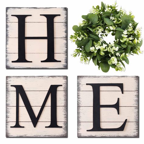 PRICES MAY VARY. Farmhouse Decor - This home wall sign with letters "H", "M", "E" is made of high quality wood, and the Artificial Eucalyptus Wreath for "O" . The rustic farmhouse wall decor signs hanging on the wall give your home a cozy warm touch, and the eye catching home signs will attract and surprise your guests. Home Wall Decor - The Rustic Hanging Wooden Sign with Letters have good durability and not easy to break, clear and no worry about fading. House decor is simple and elegant wall Room Decor Wood, Pig Decor, Country Wall Decor, Artificial Eucalyptus, Elegant Wall Art, Wood Home, Farmhouse Bedroom Decor, Farmhouse Decor Living Room, Home Sign