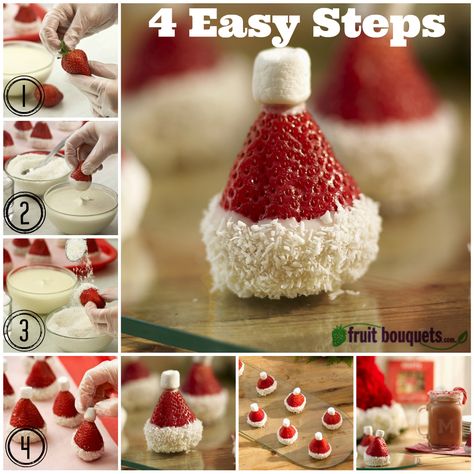 DIY: Create Santa Hat Strawberries by Julie McCann in 4 easy steps. All you'll need is strawberries, white melting chocolate, coconut flakes, and mini marshmallows. Santa Hat Fruit, Christmas Dipped Strawberries, Christmas Diy Snacks, Strawberry Santa Hats, Strawberry Santa, Strawberry Santas, Christmas Strawberry, Christmas Dip, Chocolate Covered Strawberries Bouquet