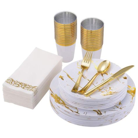 vplus 175PCS Gold Marbling Plastic Dinnerware .Halloween Disposable Dinnerware Sets, Include 25 Dinner Plates,25 Dessert Plates,25 Forks,25 Knives,25 Spoons,25 Cups,25 Napkins (White/Gold) Gold Plastic Silverware, Gold Plastic Plates, Plastic Dinnerware Sets, Gold Silverware, Disposable Plastic Plates, Plastic Silverware, Gold Dinnerware, Plastic Dinnerware, Plastic Cutlery