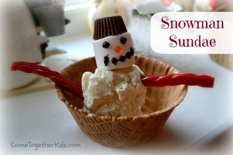 Winter party foods, snowman activity, party idea Winter Party Foods, Cousins Christmas, Waffle Bowl, Snowmen Activities, Snow Party, Snowman Party, Marshmallow Snowman, Winter Parties, Kids Party Food