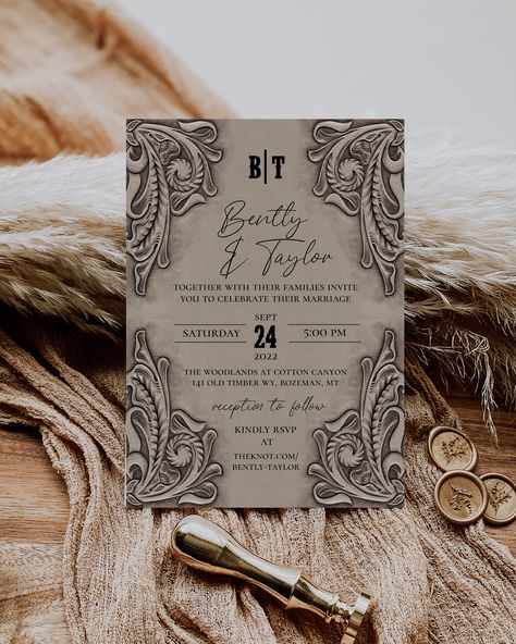 With the appearance of hand tooled leather this beautiful rustic invitation adds the perfect touch to announce your special day. It can be edited and personalized to meet your needs at Corjl.com after purchasing. This listing includes: -  5x7 Invitation - 5x3.5 RSVP card - 5x7 Photo card that may be used as a front to invitation or as a save the date card - 4x6 Details card  FREE DEMO  -Try it before you buy it! -Copy and paste this URL in your web browser https://www.corjl.com/d/380EB2  WHY CHOOSE A LISTING CREATED WITH CORJL?  - There's no waiting! You'll have access to your item right after purchasing. - No need to download any software. You can personalize this item right from your browser. - Personalize using your computer, or make basic edits using your phone or mobile device. - Easy Western Wedding Announcements, Western Wedding Winter, Boho Western Wedding Invitations, Dark Western Wedding, Gothic Western Wedding, Black And White Western Wedding, Classy Western Wedding, Vintage Western Wedding, Western Chic Wedding