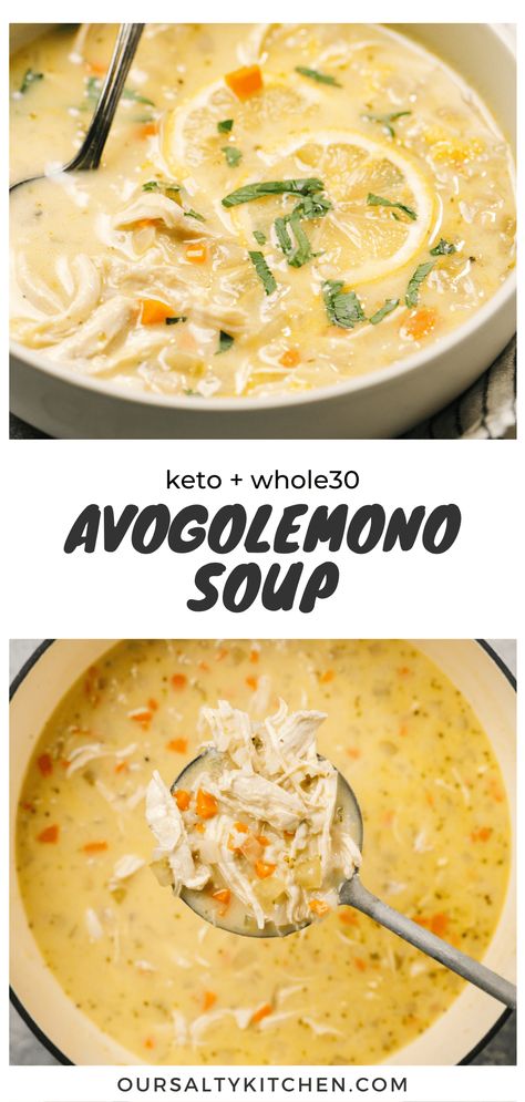 Chicken soup may be good for the soul, but grain free and low carb Avgolemono Soup is also excellent for your taste buds and your new year diet resolutions. Our Whole30 and Keto version of this healthy greek lemon chicken soup uses cauliflower rice in place of arborio rice to give you the same texture and flavor, without the grains! If you're paleo, grain free, or low carb, this soup-er satisfying soup should be in the rotation! Mediterranean Soups, Rice Soup Crockpot, Greek Lemon Soup, Paleo Chicken Soup, Mediterranean Soup, Lemon Rice Soup, Avgolemono Soup, Greek Lemon Chicken Soup, Soup Keto