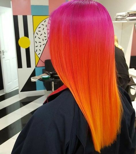 Pink To Orange Hair, Neon Hair Color Ideas, Colourful Hair Ideas, Orange And Pink Hair, Pink Orange Hair, Neon Orange Hair, Pink And Orange Hair, Human Hair Ponytail Extensions, Flame Hair