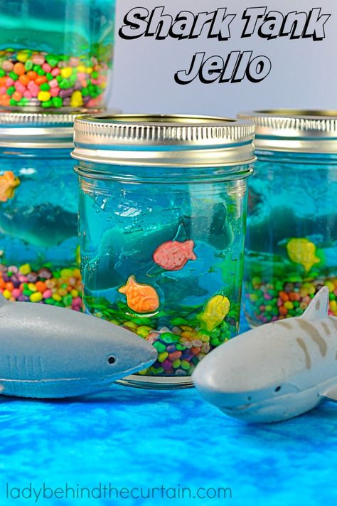 Shark Tank Jello Shark Week Party, Jello Desserts, Shark Birthday Party, Ocean Party, Kids Treat, Jello Recipes, Shark Party, Shark Birthday, Under The Sea Party