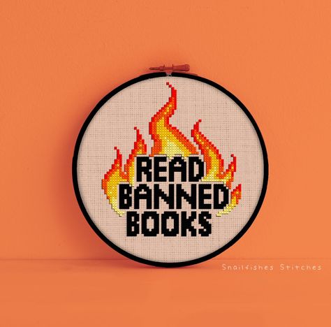 Bookish Cross Stitch, Fire Cross Stitch, Book Cross Stitch Pattern, Books Cross Stitch, Book Cross Stitch, Read Banned Books, White Symbol, Digital Mockup, Audio Book