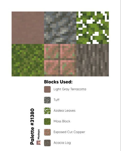 Acacia Wood Palette Minecraft, Minecraft Path Block Palette, Minecraft Tuff Block Palette, Cottagecore Minecraft Block Pallet, Block Combination Minecraft, Moss Builds Minecraft, Green Minecraft Aesthetic, Minecraft Block Palette Spruce, Minecraft Desert Palette