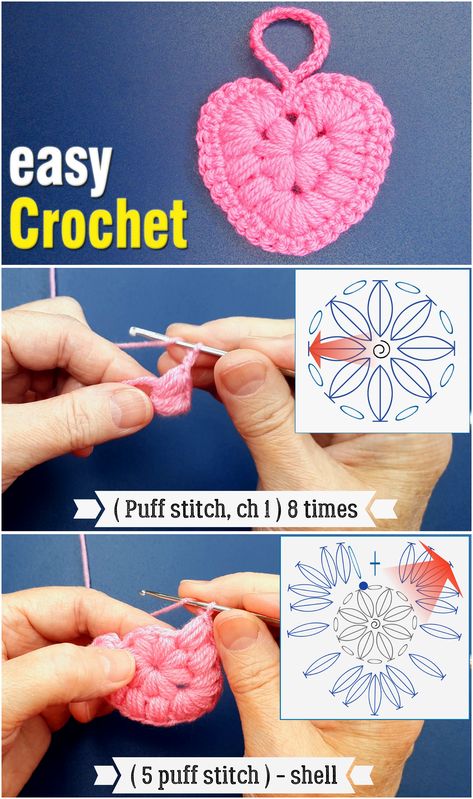 How to Crochet a Heart Puff stitch Motif Applique for beginners – free crochet pattern and step-by-step tutorial by Easy Crochet. Crochet Puff Hearts Free Pattern, Crochet Puff Stitch Heart Pattern, Crochet Heart Puff Stitch, Puff Heart Crochet, Crochet Puffy Heart, Crochet A Heart For Beginners, Puff Stitch Crochet Pattern, Applique For Beginners, Crochet Table Cover