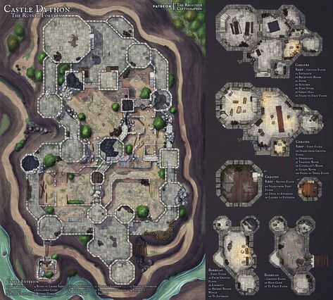 Castle Dython - Ruined Castle Map | The Reclusive Cartographer on Patreon Castle Battlemap, Fantasy Fortress, Kaer Morhen, Ruined Castle, Pathfinder Maps, Fantasy City Map, Building Map, Fantasy Town, Dnd Ideas