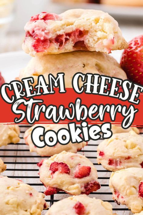 Strawberry Cream Cheese Cookies Strawberry Cream Cheese Cookies, Cream Cheese Cookie Recipe, Strawberry Shortcake Cookies, Lemon Cookies Recipes, Soft Cookies, White Chocolate Strawberries, Peanut Butter No Bake, White Chocolate Cookies, White Chocolate Chip Cookies