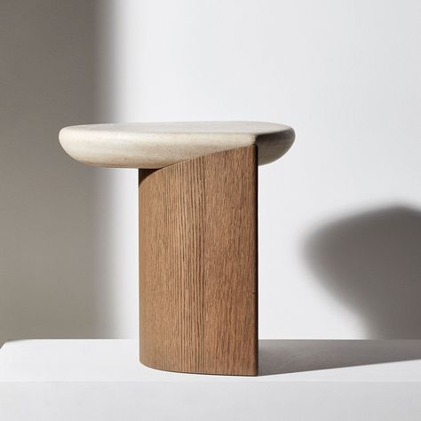 The LADY R side table by LUCA ERBA for COLLECTION PARTICULIERE is a masterpiece in asymmetrical elegance. Available in an all Oak wood version (smooth or brushed), or with a stone top. Stone Top Side Table, Cocktail Table Styling, Night Stand Light, Trunk Side Table, Unique Side Table, Black And Gold Marble, Wood Bedside Table, Side Table Design, Furniture Side Tables