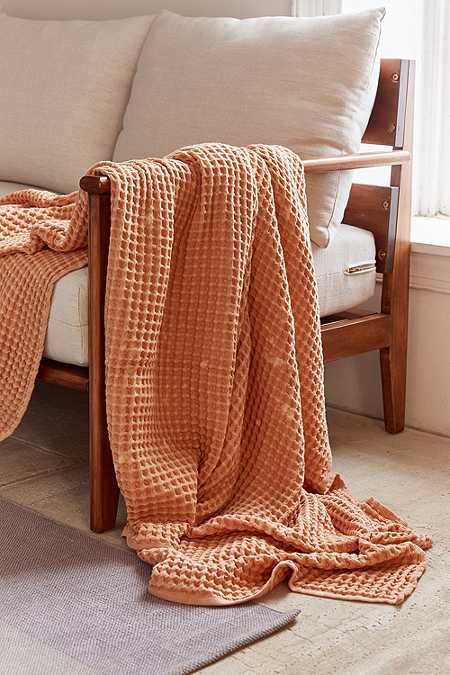 Distressed Waffle Throw Blanket - Peach Hand Printed Linen, Couch Throw Blanket, Bedding Throw, Boho Throws, Plant Decor Indoor, Bed Throw Blanket, Home Decor Sale, Cozy Aesthetic, Couch Throws