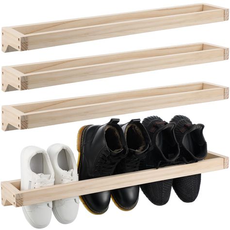 PRICES MAY VARY. Large Capacity Design: the hanging shoe rack for wall measures about 30 x 4.9 x 2.8 inches, providing space to accommodate about 3-4 pairs of shoes; This large capacity design ensures you can keep your shoes organized without compromising on needed space; Move from clutter to an organized space with these well structured wooden racks and holding various shoes including sneakers, boots and running shoes Quality and Durability: mainly made from wood, our shoe rack for wall is not Built In Wall Shoe Storage, Shoe Holder On Wall, Shallow Wall Shoe Storage, Wall Mounted Shoe Rack Ideas, Hanging Shoes On Wall, Entry Closet Shoe Organization, Small Closet Shoe Storage Ideas, Wall Shoe Rack Ideas, Diy Wall Shoe Storage