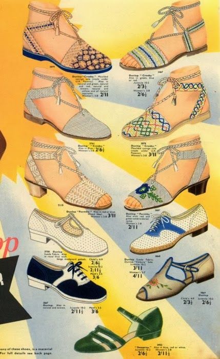 1940s Summer, 1940s Shoes, 40's Fashion, Fashion 1940s, 1940's Fashion, Shoes Ads, 1940s Style, Summer Shoe, Vintage Flats