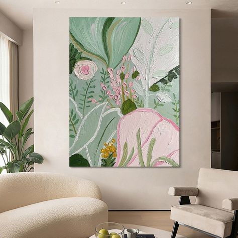 Original Abstract Pink Green Flowers Plants Oil Painting on - Etsy Hong Kong Green Pink Flowers, Art Thoughts, Painting Living Room, Green Paintings, Wall Decor Modern, Floral Texture, Acrylic Artwork, Unique Paintings, Flowers Plants