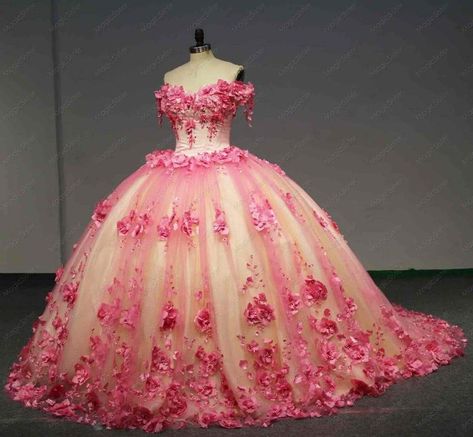 Pink And Yellow Quinceanera Dress, Sweet 15 Dresses Quinceanera Mexican, Hot Pink Charro Quinceanera Dresses, Strawberry Quince Dress, White Quince Dress With Pink Flowers, Hot Pink 15 Dresses Quinceanera, Hello Kitty Themed Quince, Y2k Quince Dresses, Bright Pink Quinceanera Dresses