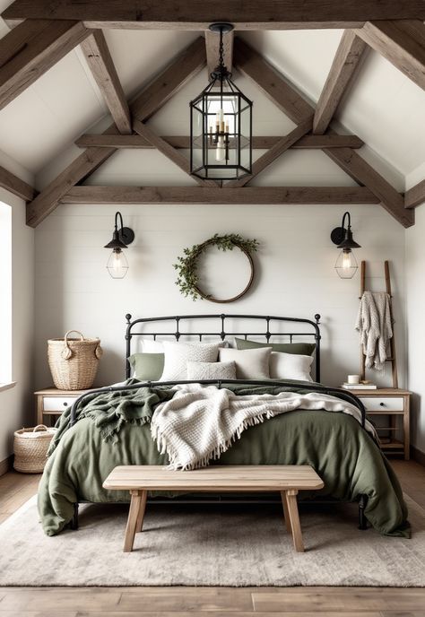 Sage Green Farmhouse Bedroom Western Sage Green Bedroom, Farmhouse Bedroom With Green Accents, Gray Bedroom With Green Accents, Sage Farmhouse Bedroom, Green Farmhouse Bedding, Farmhouse Green Bedroom, Sage Bedroom Aesthetic, Green Rustic Bedroom, Bedroom Ideas Sage