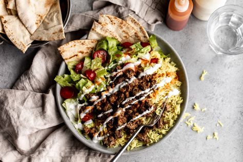 NYC Halal Truck Lamb Platter Lamb Bowl, Gyro Meat Recipe, Ground Lamb Recipes, Late Night Pizza, Cooking With Turmeric, Greek Yogurt Sauce, Halal Food, Ground Lamb, Halal Recipes