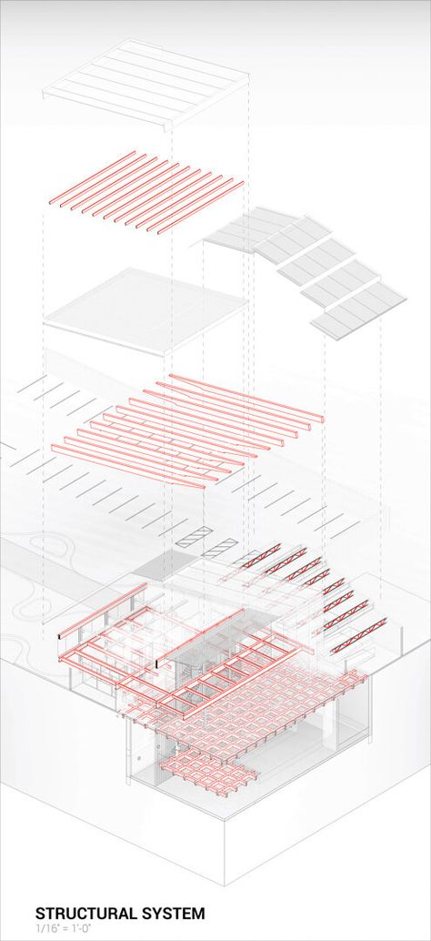 Architectural structure shown in exploded isometric drawing created in Revit. Visit website to see more detailed drawings... Structural Frame Architecture, Exploded Isometric Architecture, Structure Diagram Architecture, Architecture Structure Diagram, Structure Axonometric, Revit Axonometric, Revit Graphics, Isometric Drawing Architecture, Exploded Axonometric Architecture