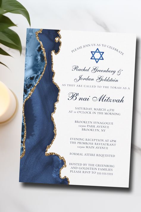 Elegant navy blue and gold agate decorates this B'nai Mitzvah ceremony and party invitation for a Jewish family celebrating their child being called to the Torah. The two names are written in beautiful formal script under the Star of David for a joint ceremony and celebration.