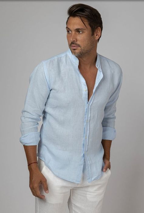 Men's Linen Shirts: Embrace Casual Summer Style & Elegance Powder Blue Mens Outfit, Blue Longsleeves Outfit Men, Light Blue Shirt Outfit Men, Blue Linen Shirt Men, Light Blue Shirt Outfit, Blue Shirt Outfit Men, Linen Shirt Outfit, Blue Linen Shirt, Shirt Outfit Men