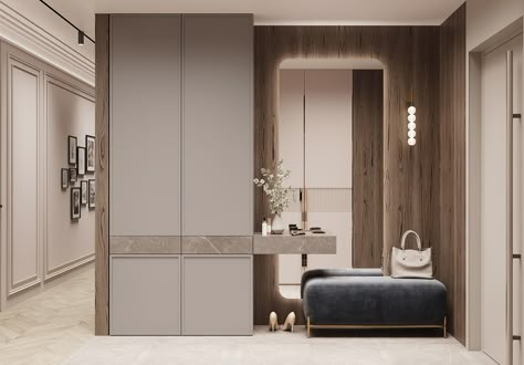 Living room Sadkvartal on Behance Modern Japandi Interior, Entrance Closet, Entrance Hall Decor, Hall Entrada, Shoes Cabinet, Entrance Furniture, Luxury Closets, Closets Design, Easy Room Decor