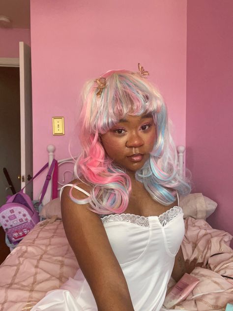 #rainbow #ootd #ootdfashion #kawaii #cute #makeup #makeupoftheday Kawaii Hairstyles Short, Pastel Rainbow Hair, Pastel Shorts, Rainbow Wig, Makeup Drawing, Kawaii Makeup, Kawaii Hairstyles, Hair Color Pastel, Rainbow Aesthetic