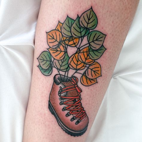 #hikingboottattoo #tattoo #aspentattoo #hikingtattoo #hikingboot Boot Tattoo, Hiking Tattoo, Tattoo Leg, Hiking Boot, Leg Tattoos, Hiking Boots, Tatting, Hiking, Tattoos