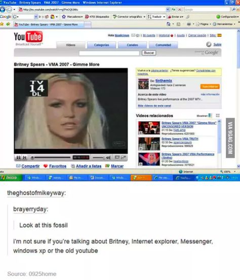 But nothing is more 2007 than this: Britney Spears, Internet Explorer, Windows XP, and ancient YouTube: Play Computer, Internet Explorer, What’s Going On, Tumblr Posts, Tumblr Funny, Britney Spears, Bones Funny, Old Internet, Mtv