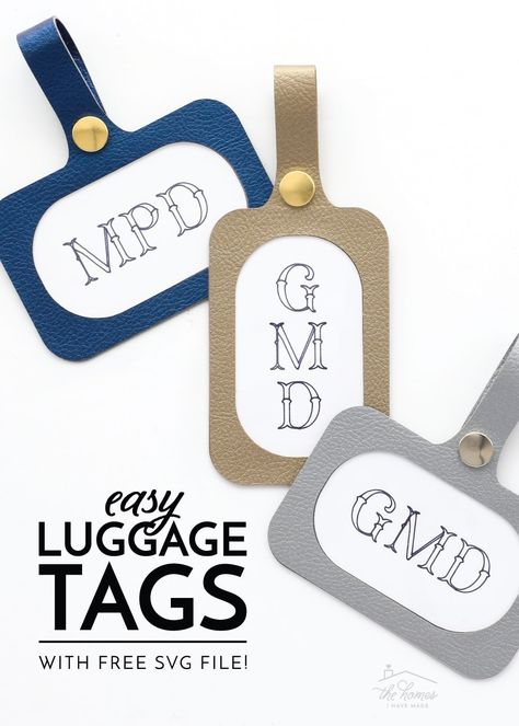 Learn how to make luggage tags with a Cricut machine, faux leather, and basic snaps using this FREE SVG and step-by-step tutorial! Diy Faux Leather Luggage Tags, Diy Luggage Tag, Diy Luggage Tags, Diy Leather Luggage Tags, Luggage Tag Template, Luggage Tags Diy, Cricut Leather, Luggage Tag Designs, Basket Labels